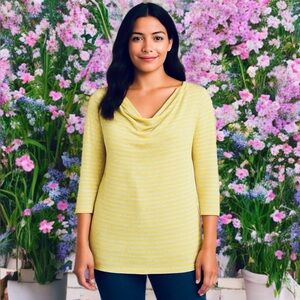 Calvin Klein Jeans Yellow Silver Sparkle Draped 3/4 Sleeve Viscose Top Large